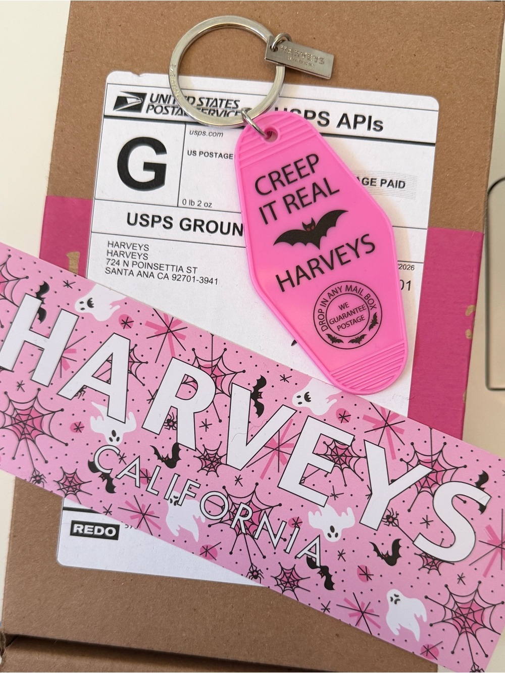 Harveys Hot Pink 'Creep It Real' Motel Keychain Tag